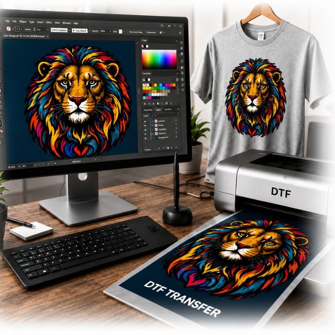Vector artwork on screen with DTF printer and printed transfer for apparel production