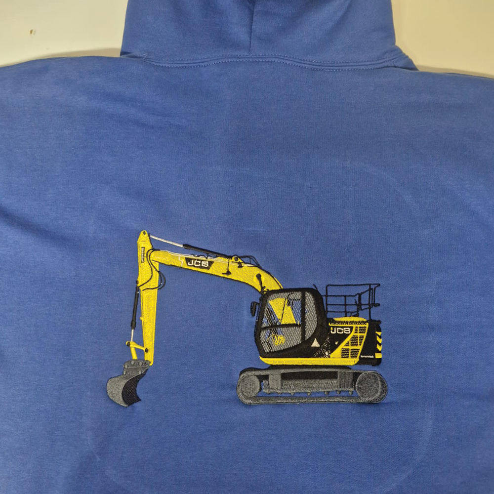 Large back excavator embroidery stitched on hoodies