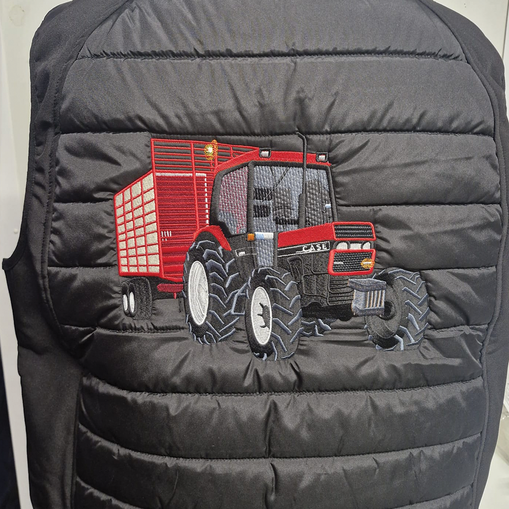 Large back tractor and trolley embroidery stitched on puff jackets