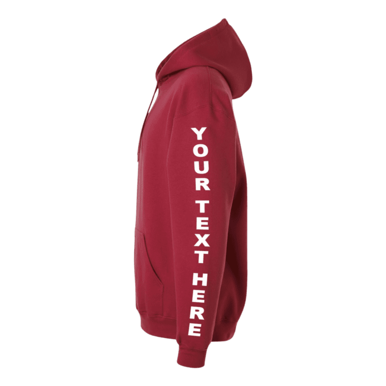 Red hoodie with sleeve text placement