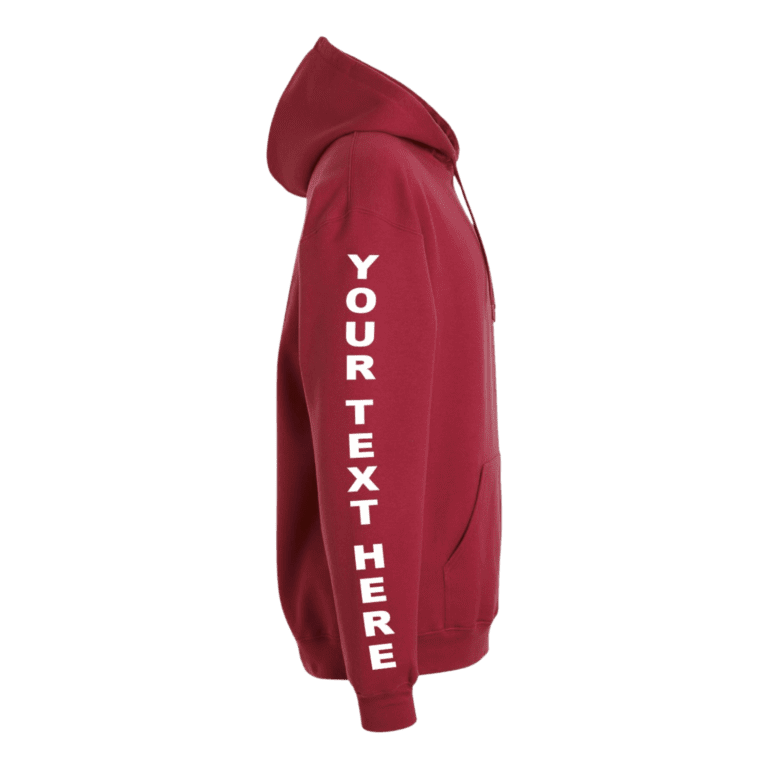 Red hoodie with sleeve text placement side view