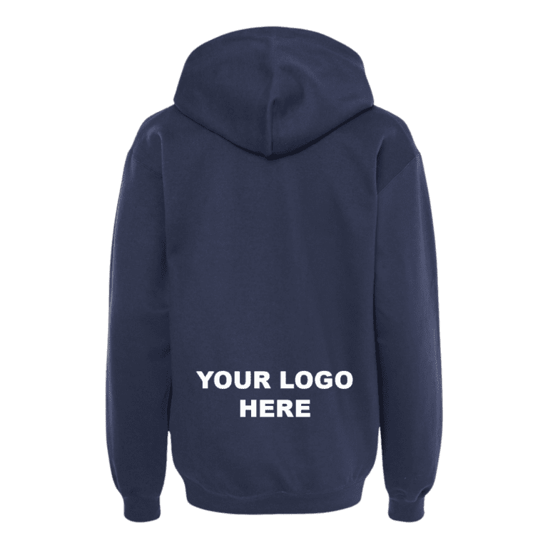 Navy hoodie with lower back logo