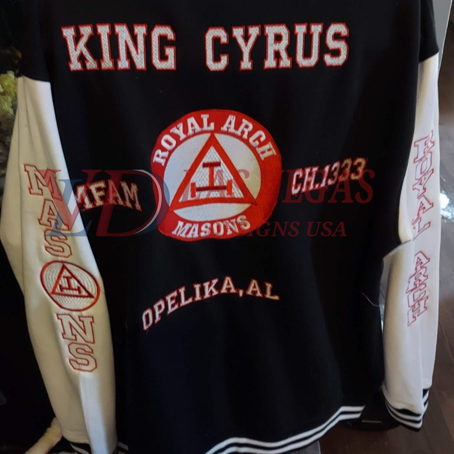 Royal Arch Masons stitched-out embroidery on varsity jacket fabric