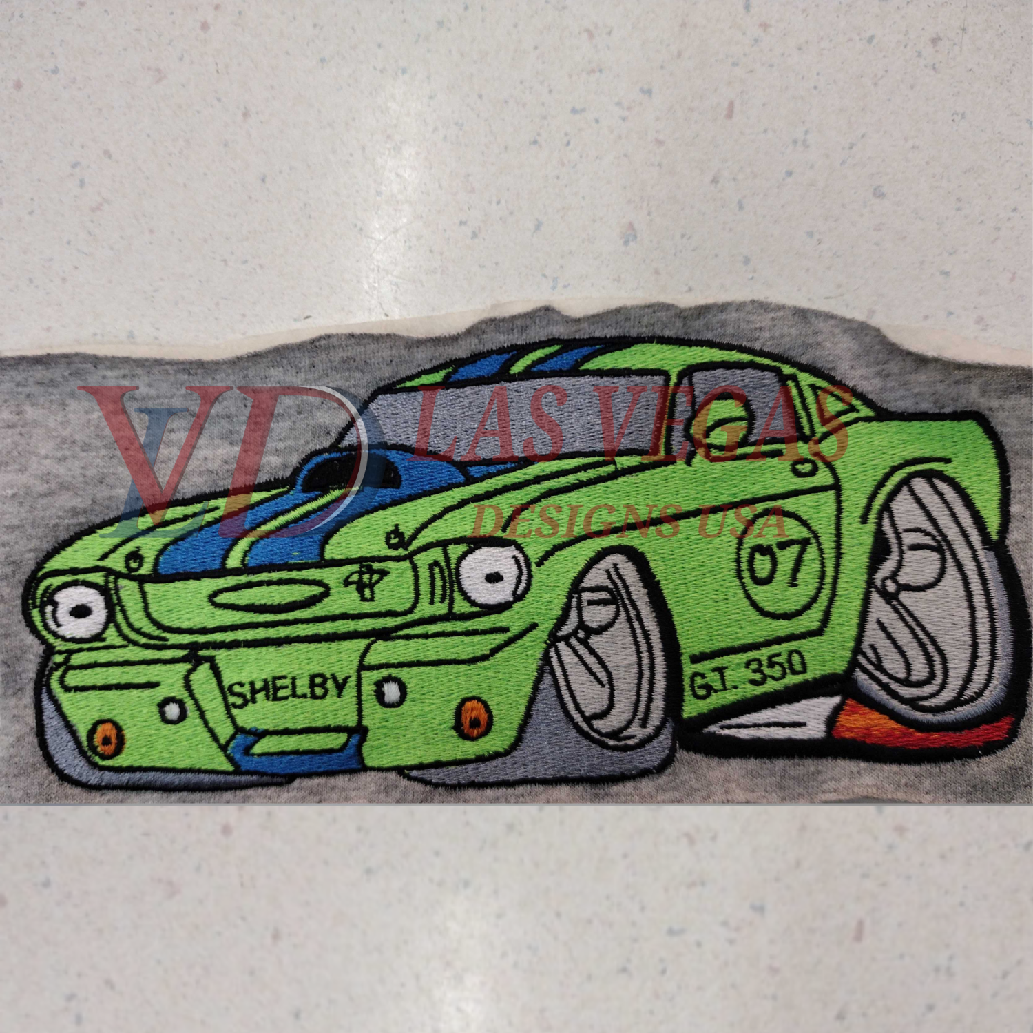 Shelby GT350 car stitched-out embroidery on heather gray knit fabric
