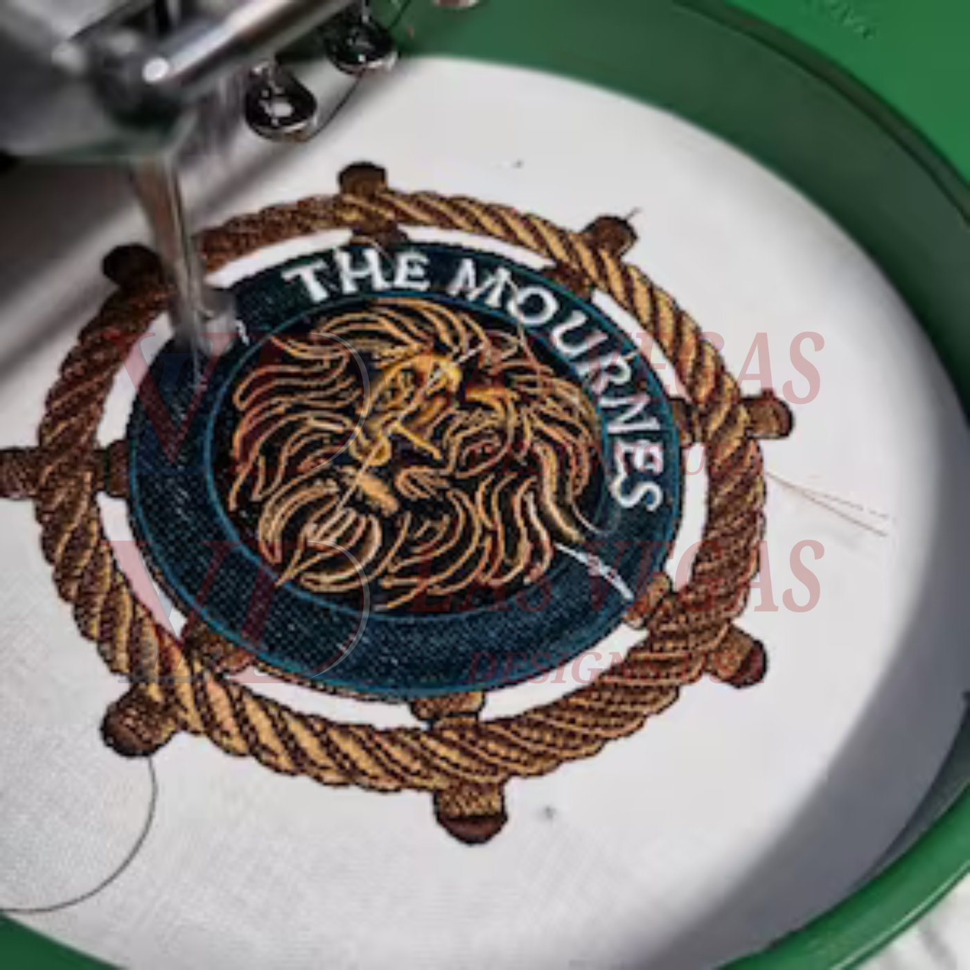 The Mourners rope emblem stitched out on left chest, twill fabric