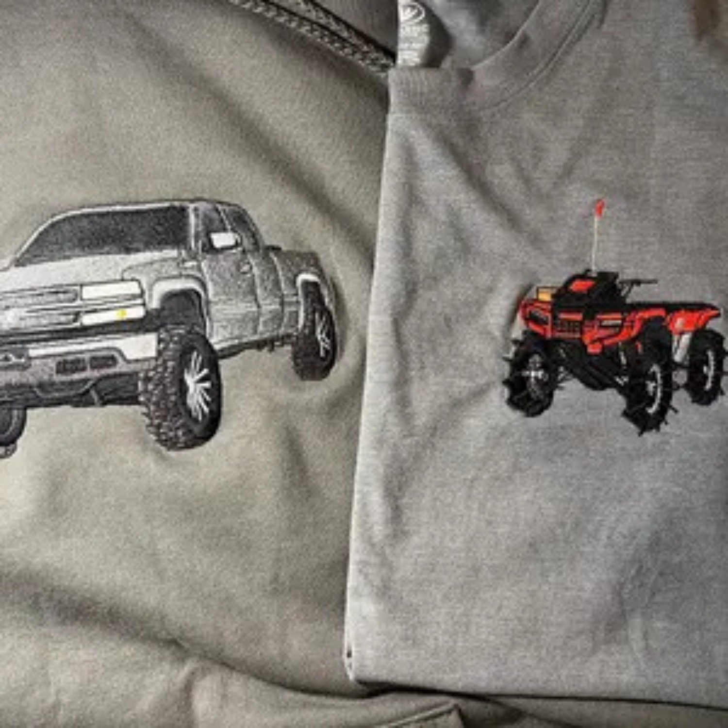 Truck and tractor embroidery stitched on fleece sweatshirt