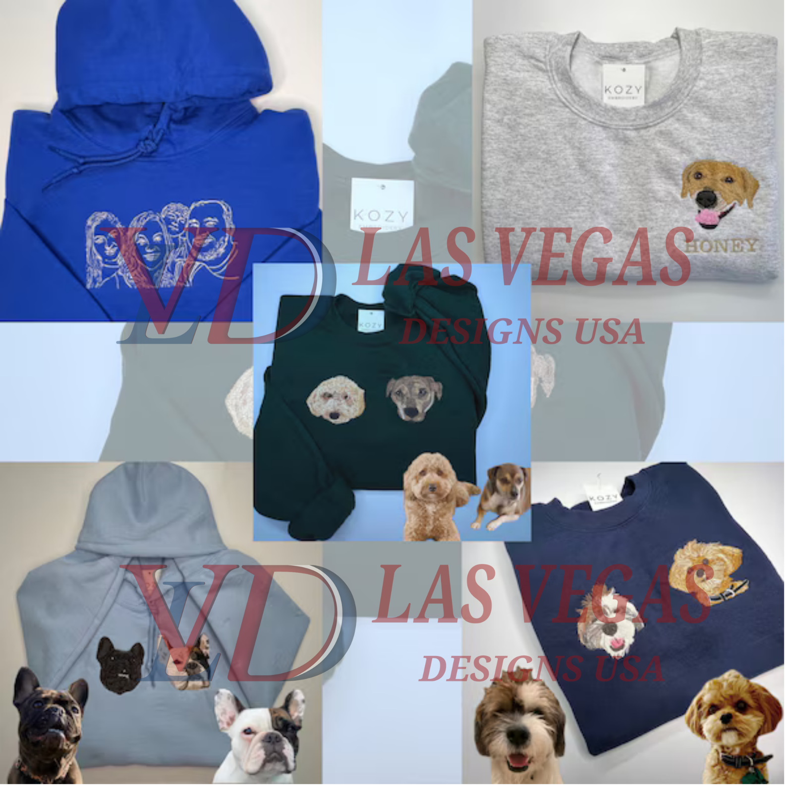 Custom pet portrait embroidery on fleece hoodies and sweatshirts