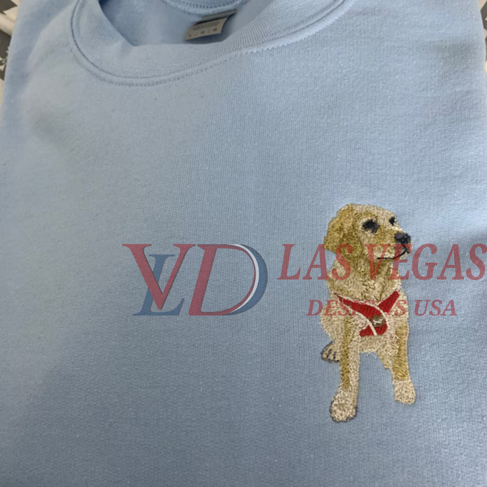 Dog portrait embroidery stitched on fleece sweatshirt