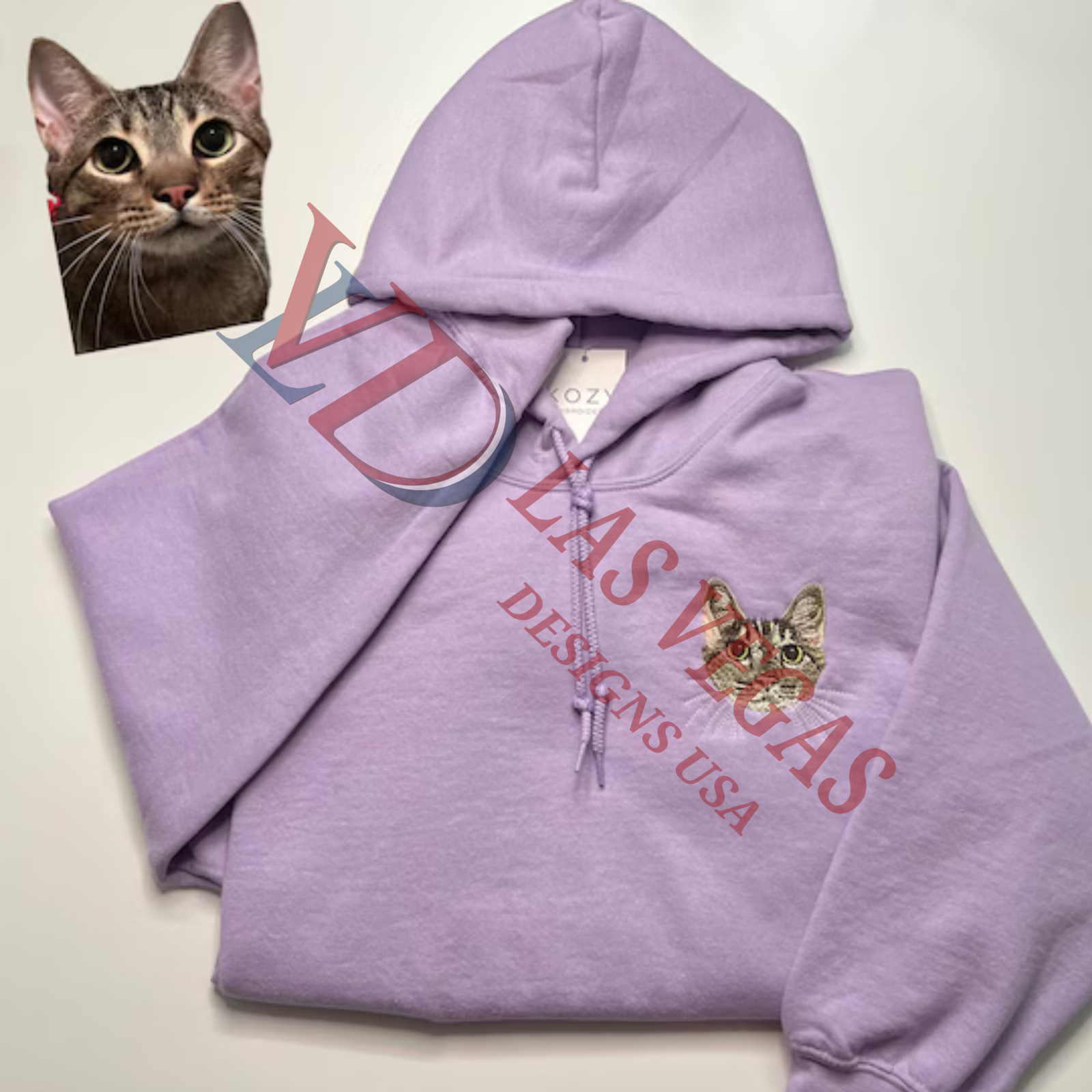 Realistic cat portrait embroidery on cotton fleece hoodie