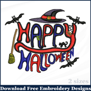 Witch hat and broom Happy Halloween Embroidery Designs Free Download