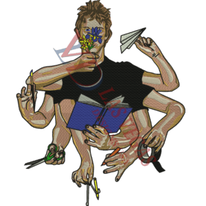 Multi-armed human figure embroidery holding tools, book, and paper – large-size custom digitized design