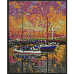 Sunset boat scenery embroidery design – sailboats on water with vivid sky and reflection