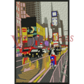Times Square New York embroidery scene with cyclist and traffic – digitized by Las Vegas Designs USA