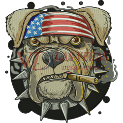 Bulldog embroidery design with USA bandana, cigar, and spiked collar – high-detail tough look